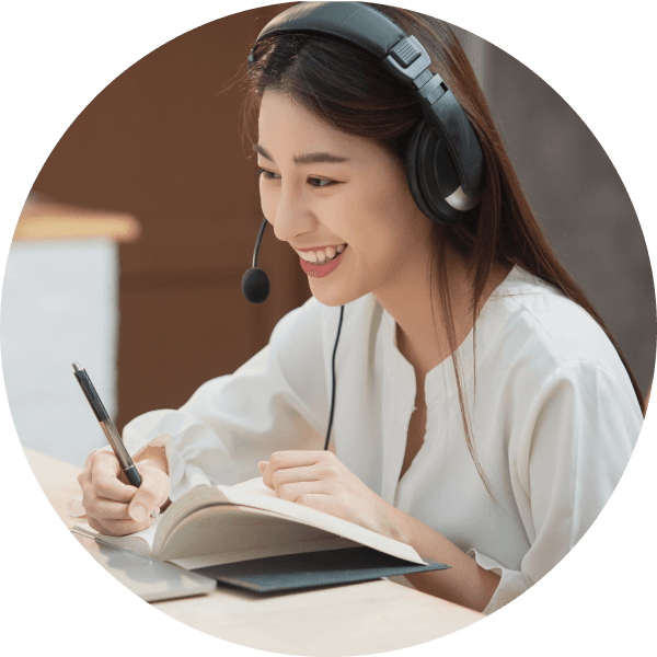 A happy student learning English online